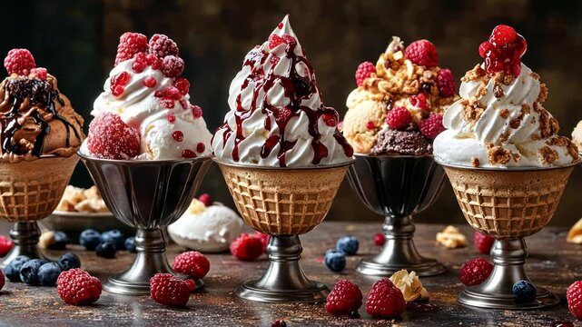 a row of ice creams with berries and nuts