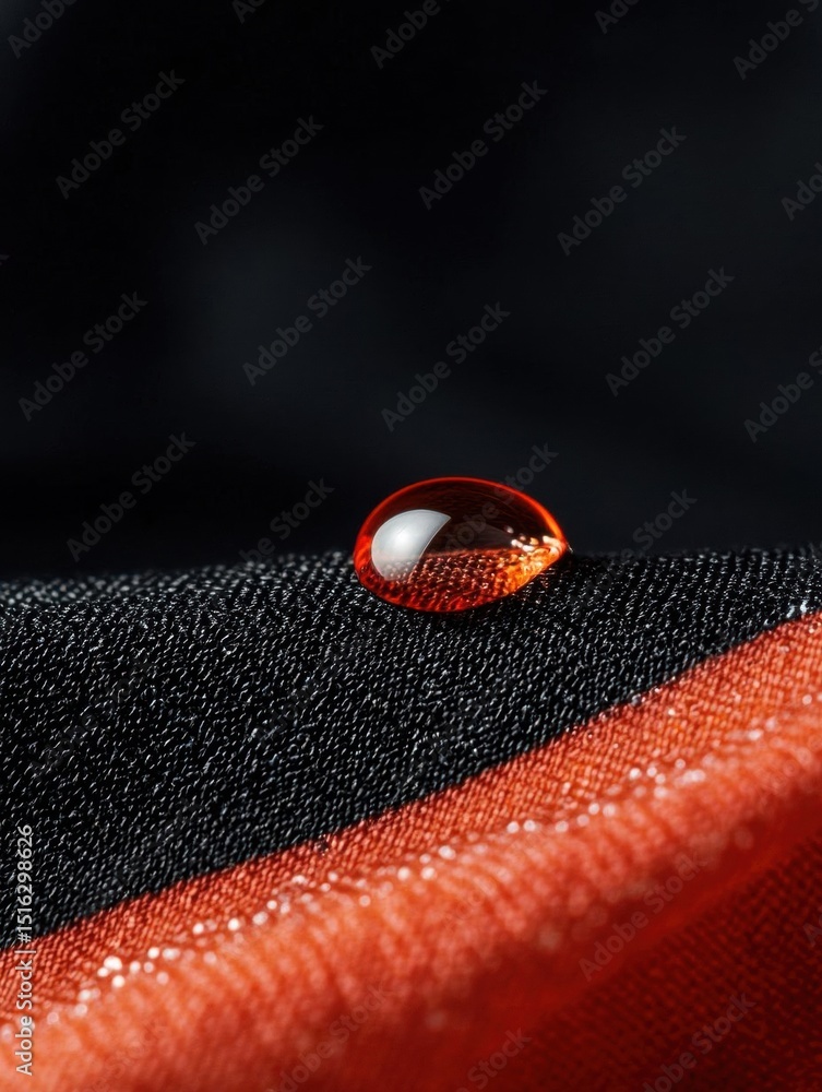 Poster close-up of a single drop of water on a black and orange striped fabric. the drop is in the center o