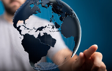Image of a person interacting with a digital globe, symbolizing global connectivity and...