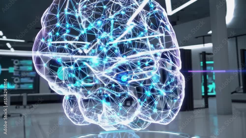 Poster glowing blue artificial intelligence brain hologram rotating on a platform in a futuristic laborator