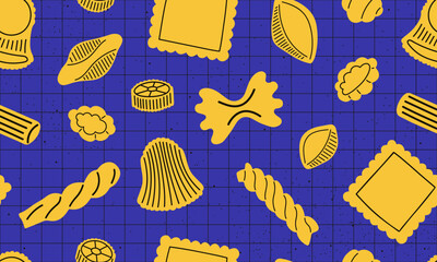 Seamless pattern with hand drawn pasta. Colourful modern background for restaurant, menu and decorative cards with Italian macaroni in cartoon style