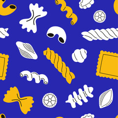 Seamless pattern with hand drawn pasta. Colourful background for restaurant, menu and decorative cards with Italian macaroni in cartoon style