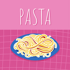 Illustration of Italian pasta in cartoon style. Spaghetti on a plate with pink background.