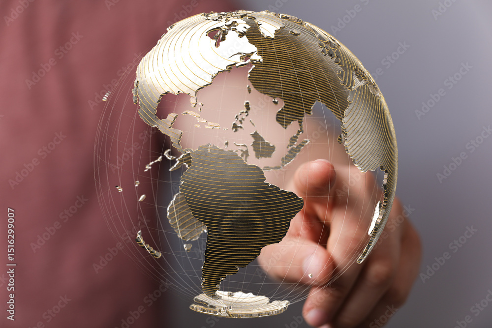 Poster person touching a digital 3d earth globe, representing global network and connection.
