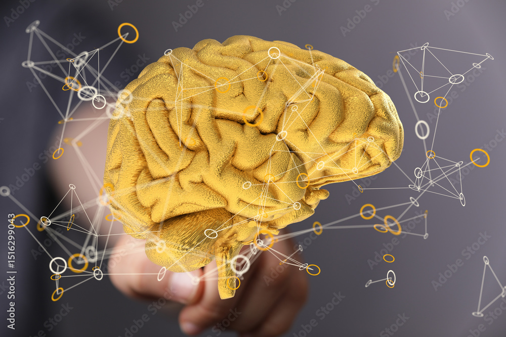 Poster abstract image of a golden brain with network connections, representing human intelligence and neura