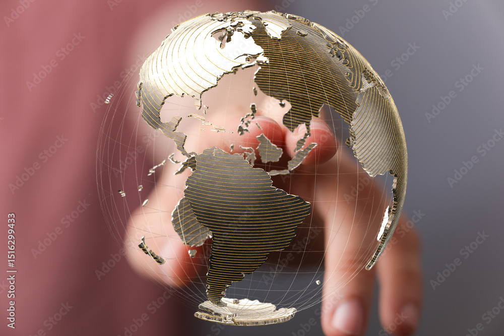 Poster Abstract image of a hand interacting with a 3D model of the Earth, symbolizing global connectivity and networking.