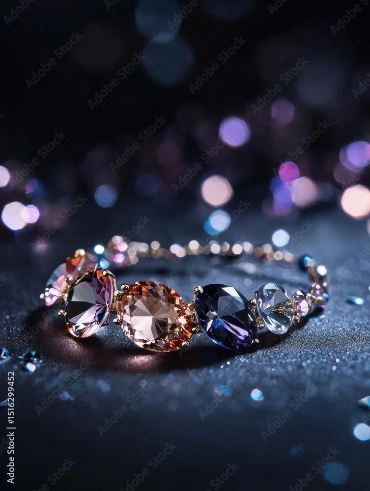 Poster close-up of a bracelet on a dark background with bokeh lights. the bracelet is made up of multiple r