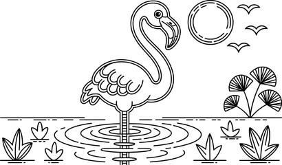 Flamingo in water line art tropical bird illustration