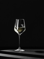Black and white photograph of a wine glass. the glass is empty and is standing upright on a black surface. the background is completely black, making the glass the focal point of the image.