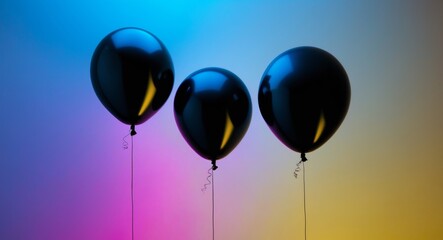 Three Black Balloons Floating on a Gradient Background, Symbolizing Celebration.