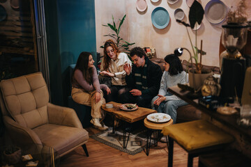 A group of friends enjoying food and conversation in a warm, comfortable seating area.
