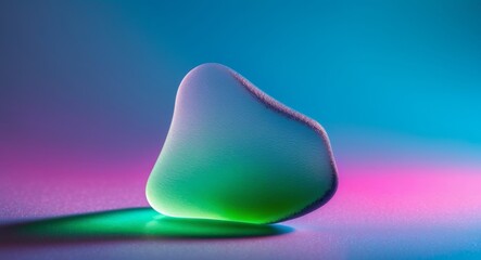 Translucent Sea Glass Pebble with Vibrant Gradient Lighting on Textured Surface.