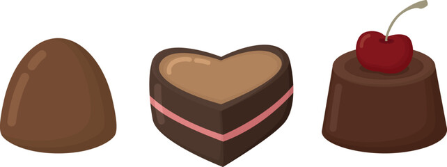 Set of three chocolate candies of various shapes. Tasty sweets isolated on white background.