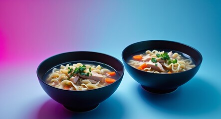 Two Bowls of Chicken Noodle Soup, Fresh and Appetizing with Colorful Background.