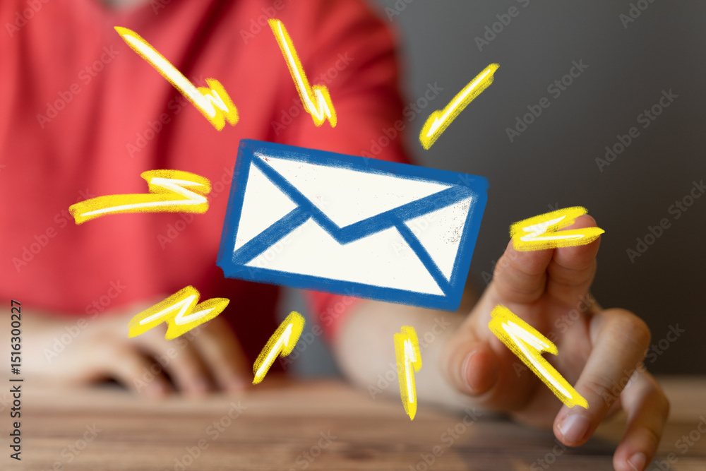 Aufkleber close-up image of a hand interacting with a digital email icon, symbolizing fast communication.