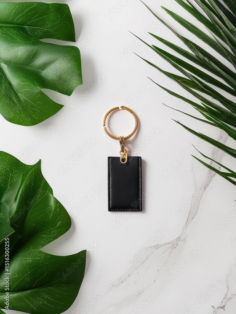 Poster black keychain with a gold ring attached to it. the keychain is rectangular in shape and appears to 