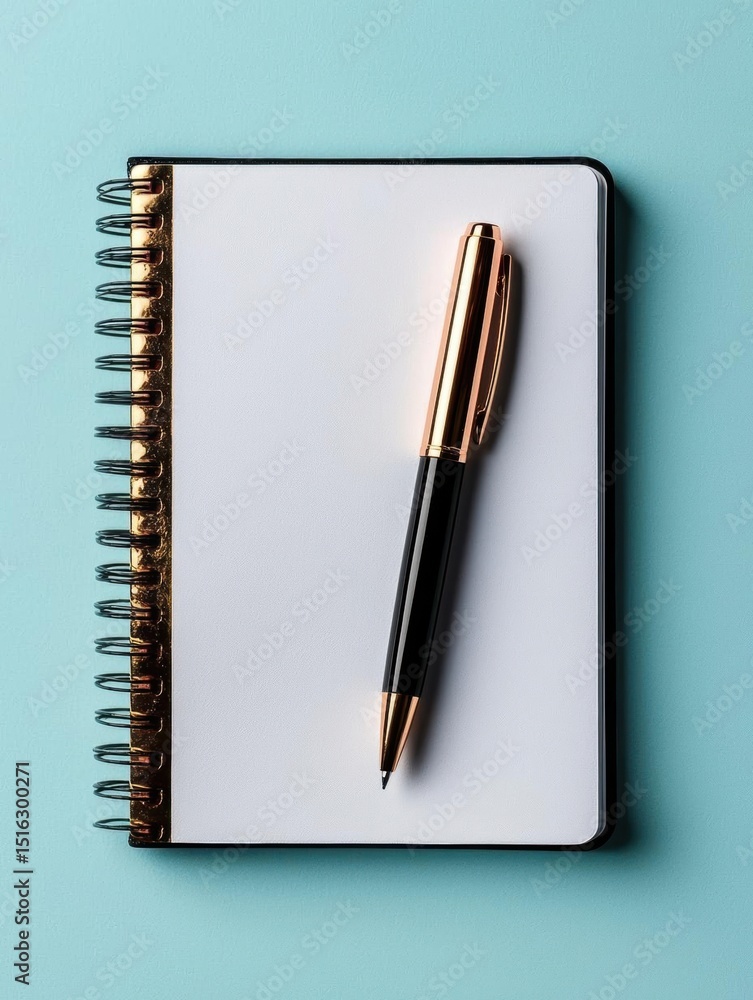 Poster spiral-bound notebook with a black pen resting on top of it. the notebook is open and the pen is pos