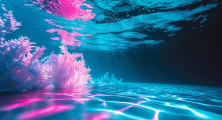 Underwater Coral Reef with Colorful Reflections and Light Beams, Abstract Marine Scene.