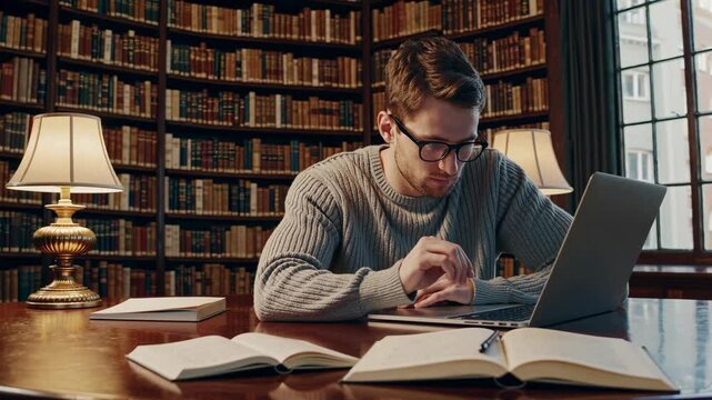 Young college student concentrating on a laptop amidst open textbooks, bathed in warm lamplight within a traditional university library, embodying dedication to knowledge - Powered by Adobe