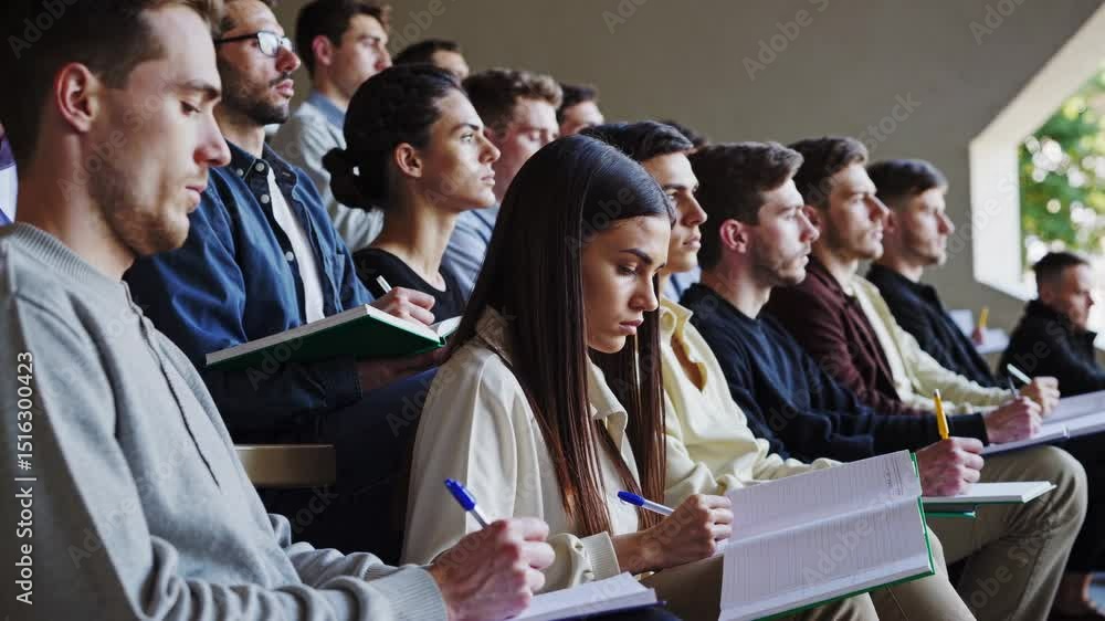 Aufkleber university students are listening attentively and taking notes during a lecture in a modern classroo