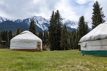 Dwelling of nomads in the mountains. Two yurts