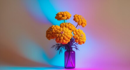 Vibrant Yellow Flowers in a Purple Vase Under a Colorful, NeonLike Lighting Scene.