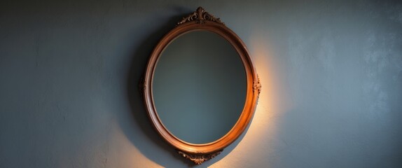 Vintage Oval Mirror with Ornate Wooden Frame on Textured Wall, Light and Shadow Play