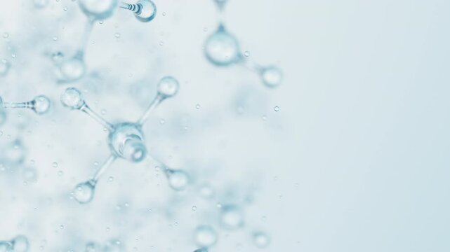 3d Abstract shiny glass molecule structures motion background. Cosmetic collagen serum, essence oil, vitamin, hyaluronic acid for skin care. Healthcare concept loop animation