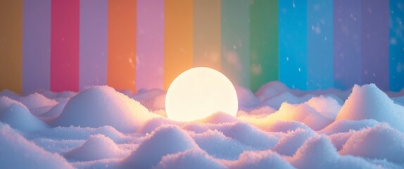 Winter Glow. A Sphere of Light Amidst Snow, Backed by a RainbowColored Wall.