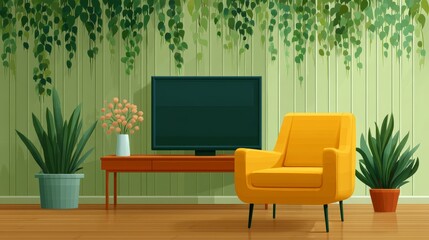 Retro Room with Green Screen TV, Yellow Armchair and Lush Green Plants in a Cozy Interior Space