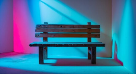 Wooden Bench Bathed in Neon Light A Study of Form and Color in an Indoor Space.