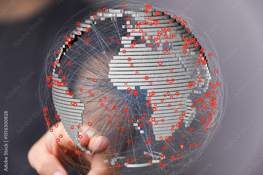 Poster stock photo of a hand interacting with a 3d global network, showcasing data flow and connectivity.