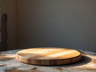 Wooden Round Board Displayed on Aged White Table, Spotlighted in Warm Interior.