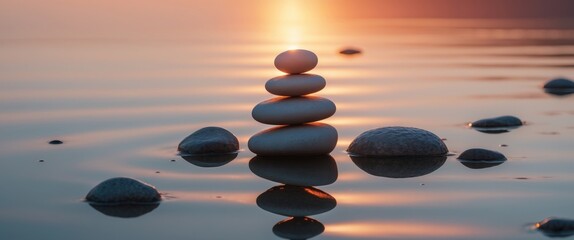 Zen Balance. Peaceful Stone Cairn at Sunset in Serene Water, Harmony and Reflection