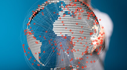 Abstract image of a digital world map showing global connections and data streams.