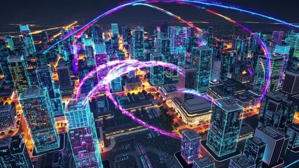 Beams of light are connecting buildings in a futuristic neon-outlined smart city at night, symbolizing data transfer and technological advancement - Powered by Adobe