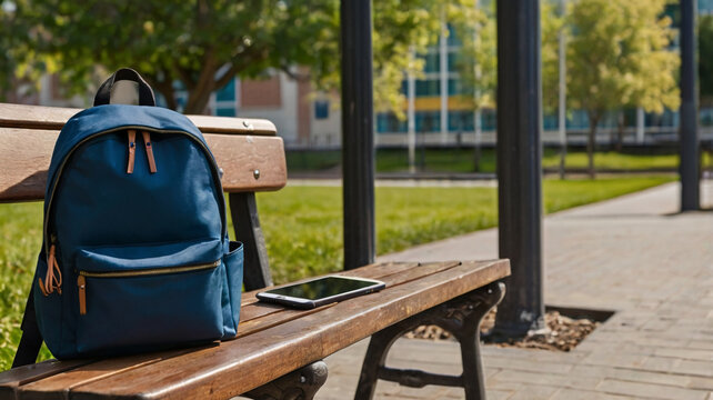 Close-up of backpack, headphones and smartphone on school bench, teenager's everyday objects.