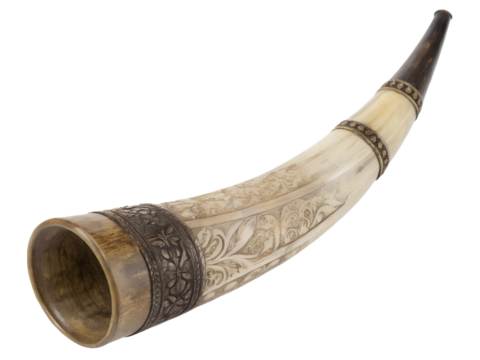 Close-Up of an Ornate Drinking Horn Isolated on transparent background, Isolated Png file, Cut-out, Isolate Png, No Background, Isolated object