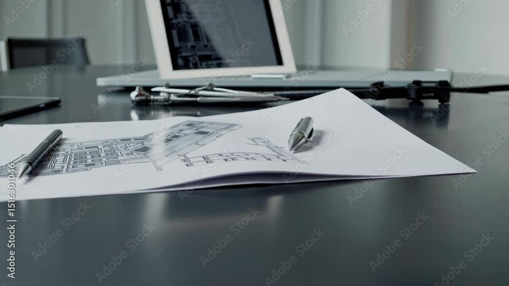 Poster architectural project showing blueprints lying on a desk with two pens, a compass, a laptop showing 