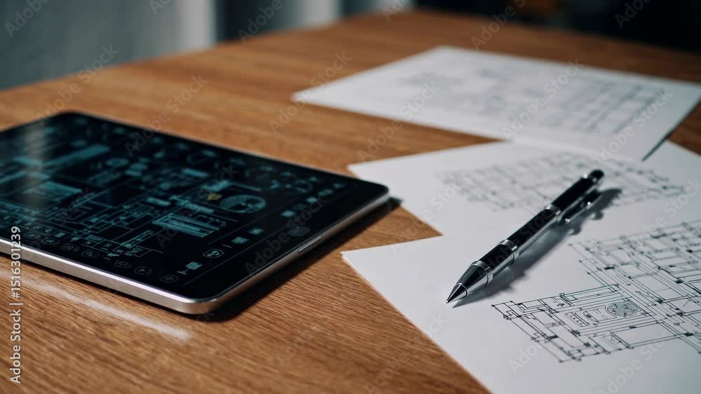 Poster digital tablet displaying blueprints lying on wooden desk next to printed technical drawings and met