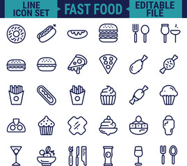 Food and Drinks Line Icon Set Featuring Restaurant and Fast Food Items Including Burger, Donut, Pizza, Ice Cream, and Coffee in Minimal Web Style Vector Illustration