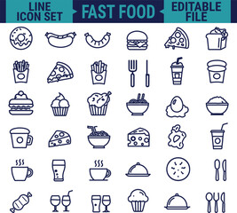 Food and Drinks Line Icon Set Featuring Restaurant and Fast Food Items Including Burger, Donut, Pizza, Ice Cream, and Coffee in Minimal Web Style Vector Illustration	