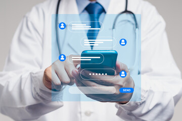 Doctor using smartphone with chat interface, concept of telemedicine and digital health support.