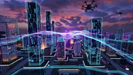 Futuristic cityscape at sunset with glowing neon skyscrapers and digital connections, symbolizing the concept of a smart city controlled by artificial intelligence and monitored by drones - Powered by Adobe