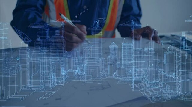 Architect wearing safety vest and helmet is designing blueprints of a futuristic sustainable city using innovative technology, highlighting the integration of advanced tools in urban planning