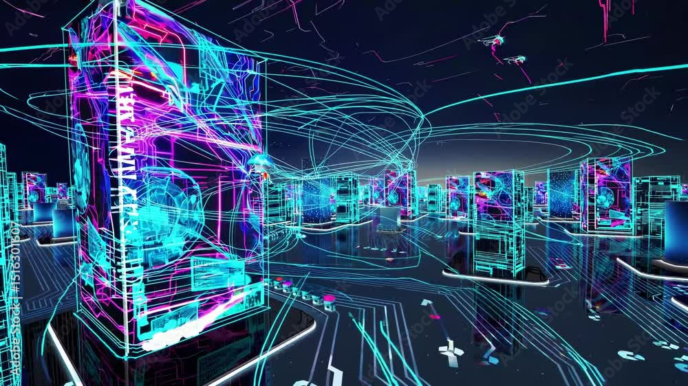 Poster interconnected servers processing big data in a futuristic server farm, with glowing lines illustrat