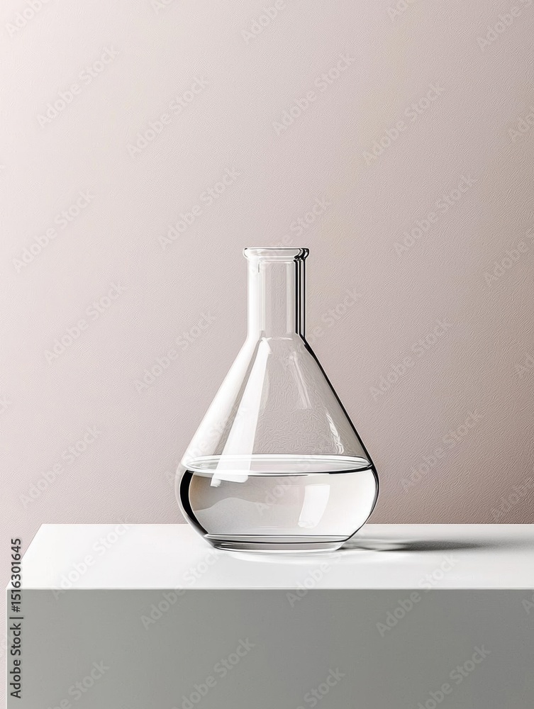 Poster glass decanter or flask on a white surface. the flask is made of clear glass and has a conical shape