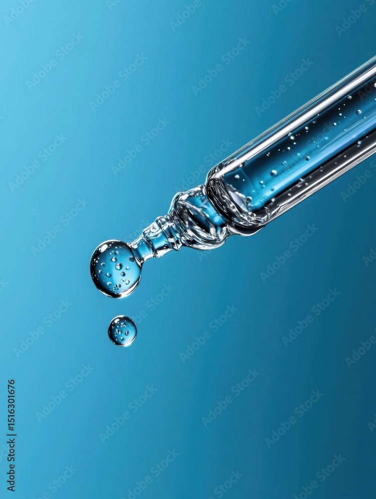Poster close-up of a glass pipette with three droplets of water falling from it. the pipette is transparent