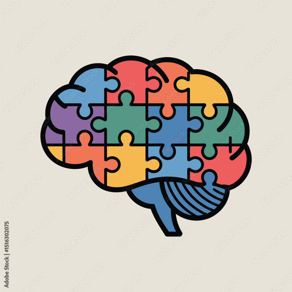 Poster a colorful brain puzzle illustrating concepts of mental health cognitive function and problem solvin