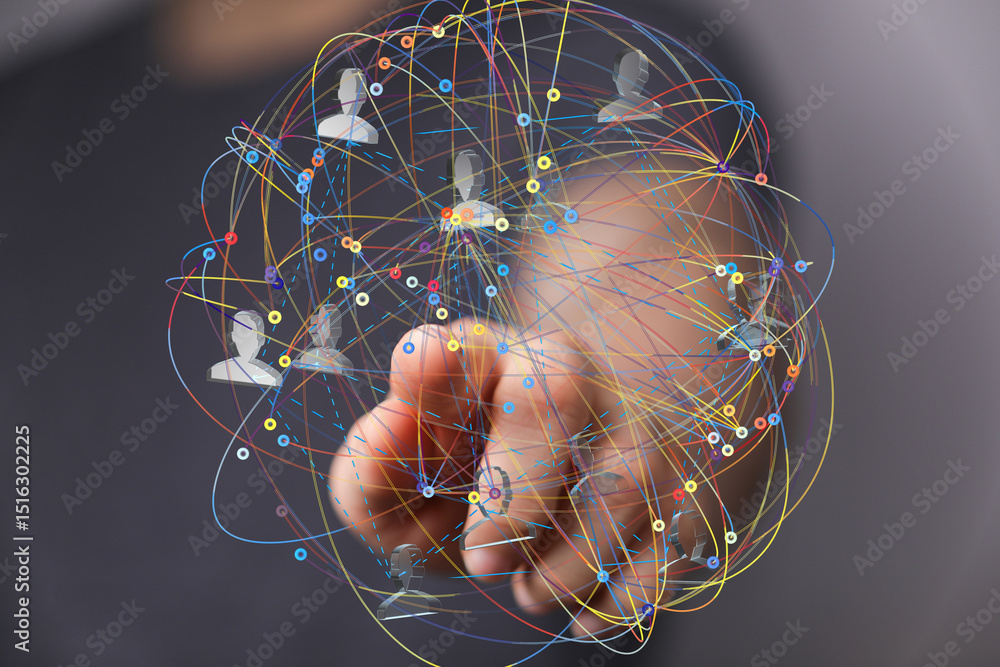 Poster image of a hand interacting with a digital network representing global communication and connections